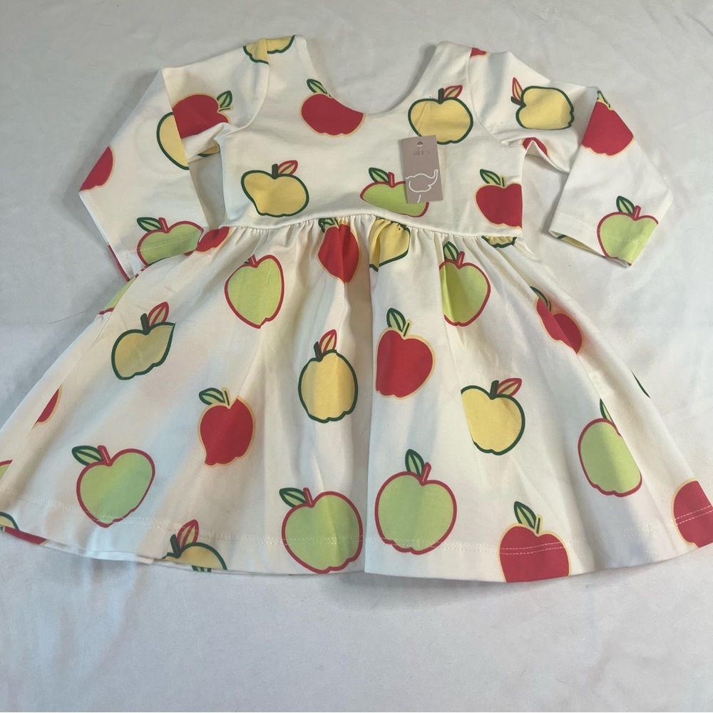 Monica + Andy Apple Print Kids Scoop Neck Flared Casual Dress 95% Cotton